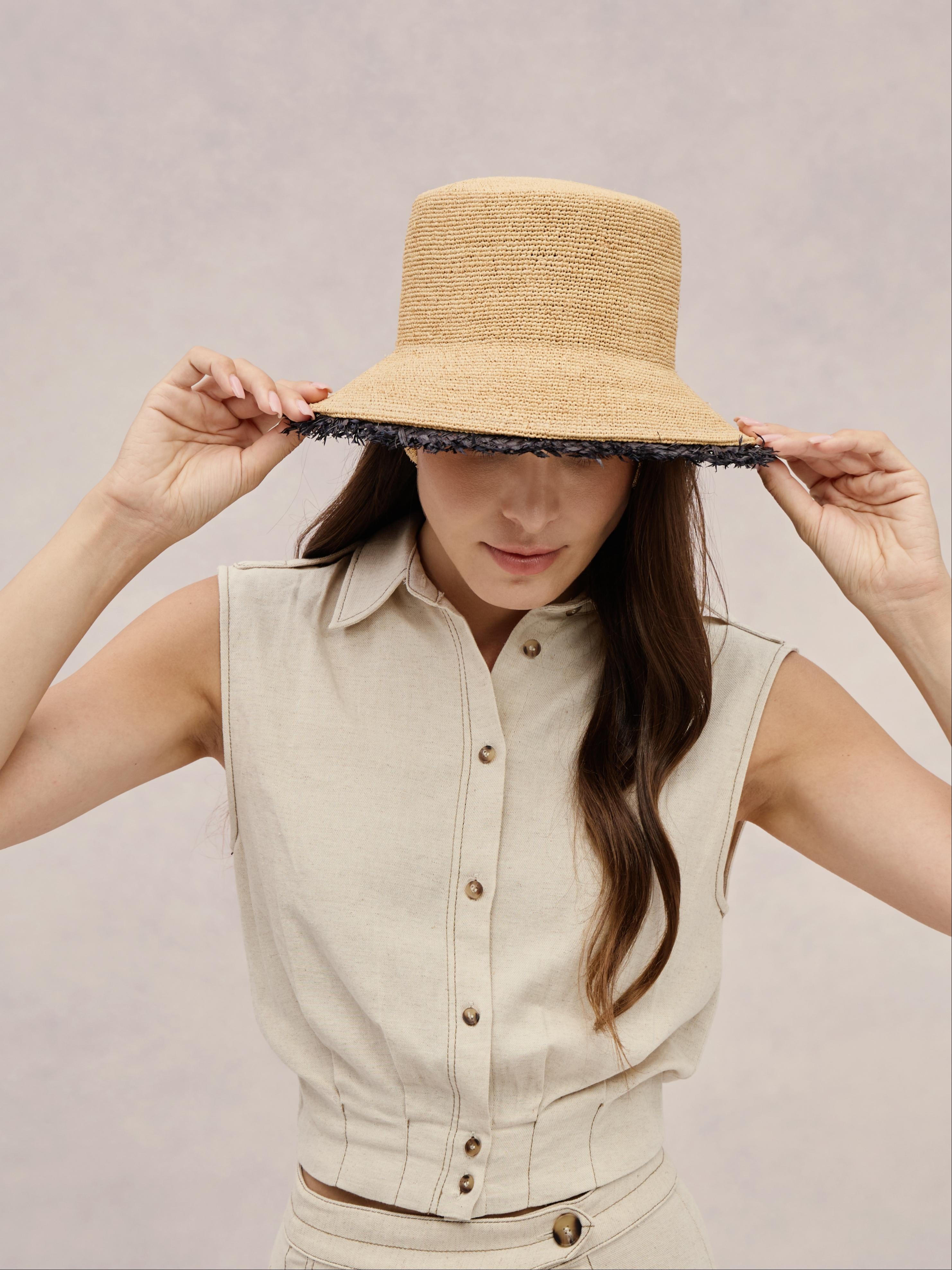 Lanikai black raffia bucket hat — frayed edge, packable | Club Hapuna