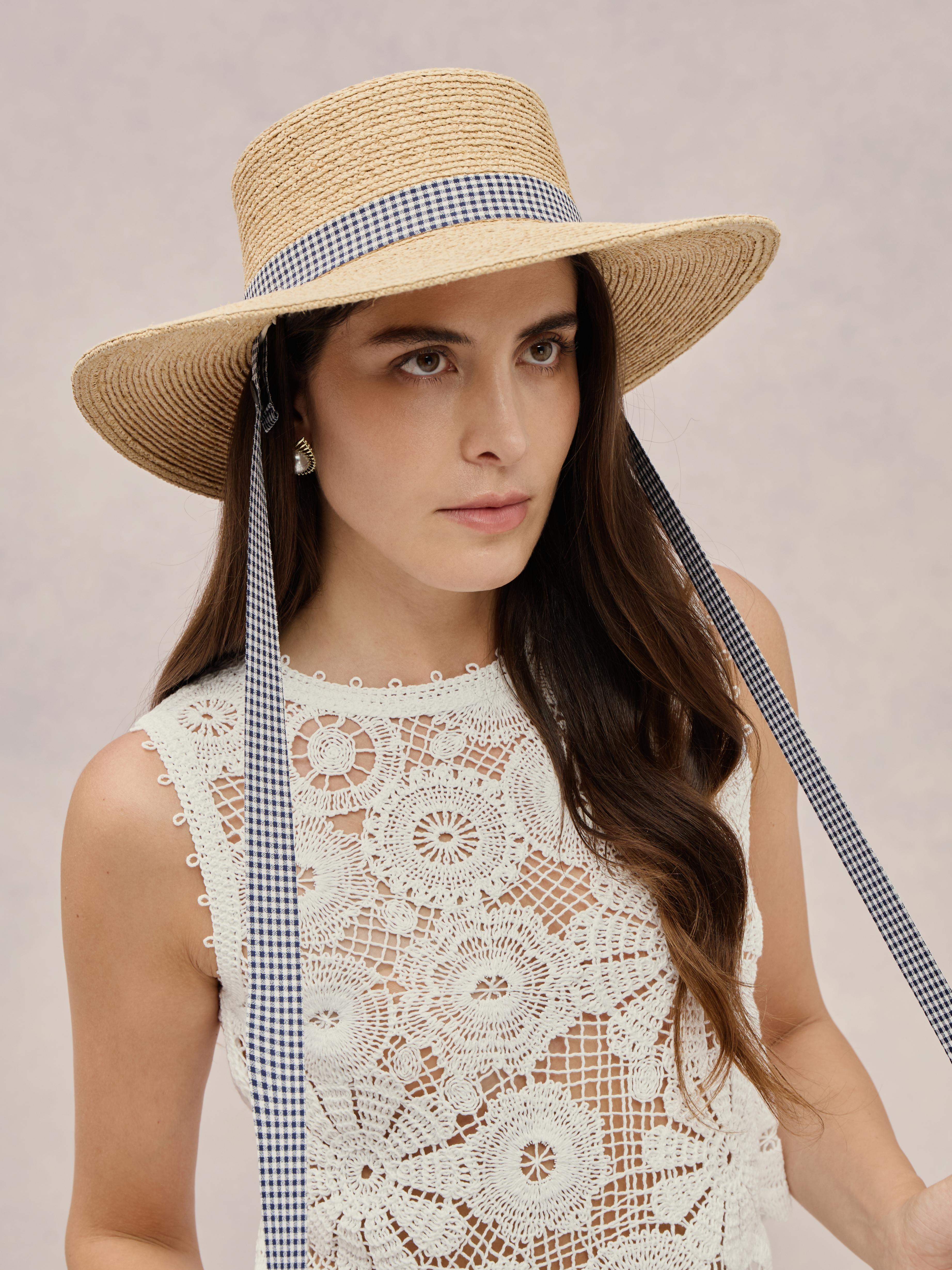 Club Hapuna Comino — Madagascar raffia boater with gingham ribbon ties