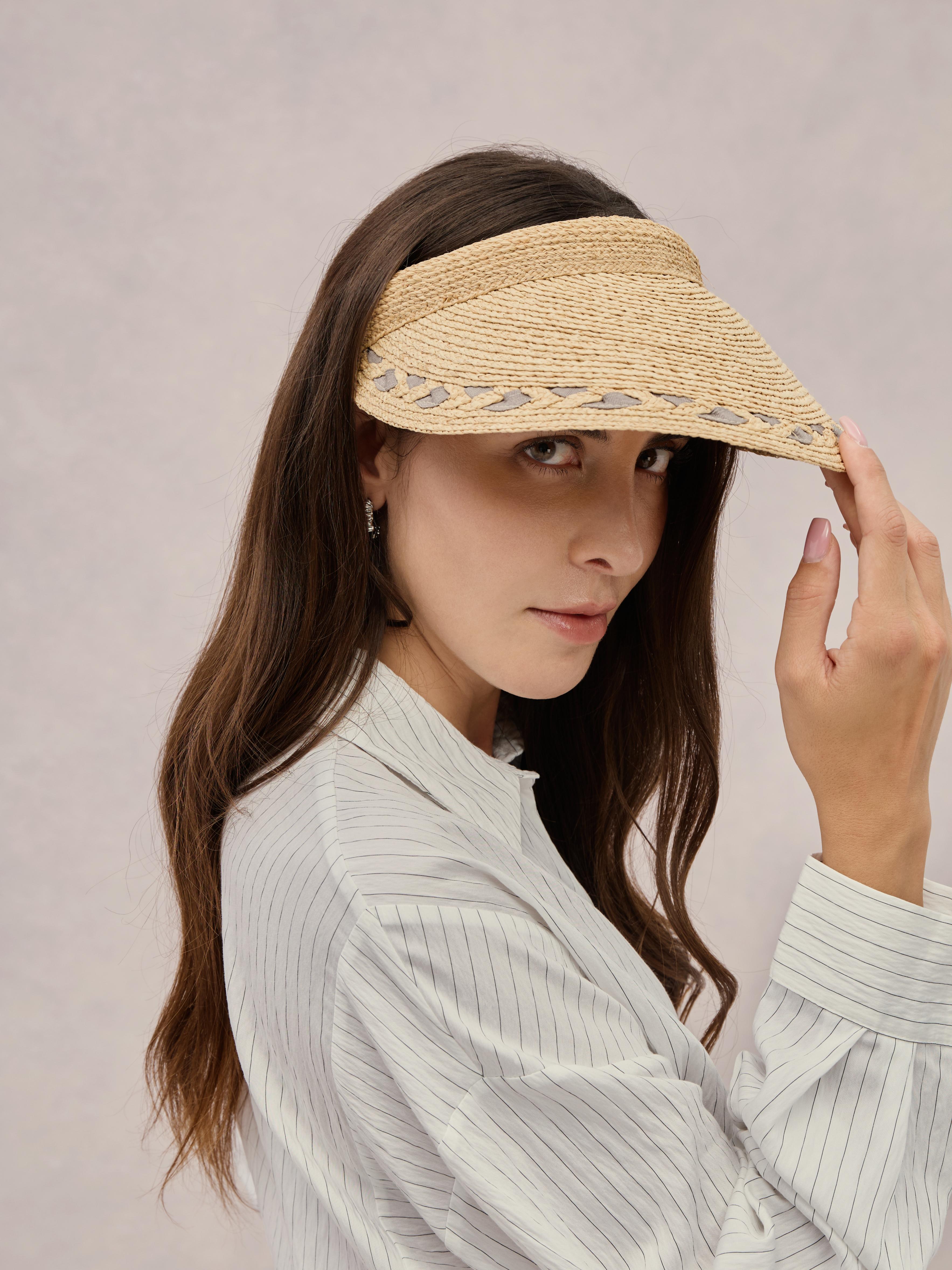 Madagascar raffia visor hat in grey — Club Hapuna Malta resort