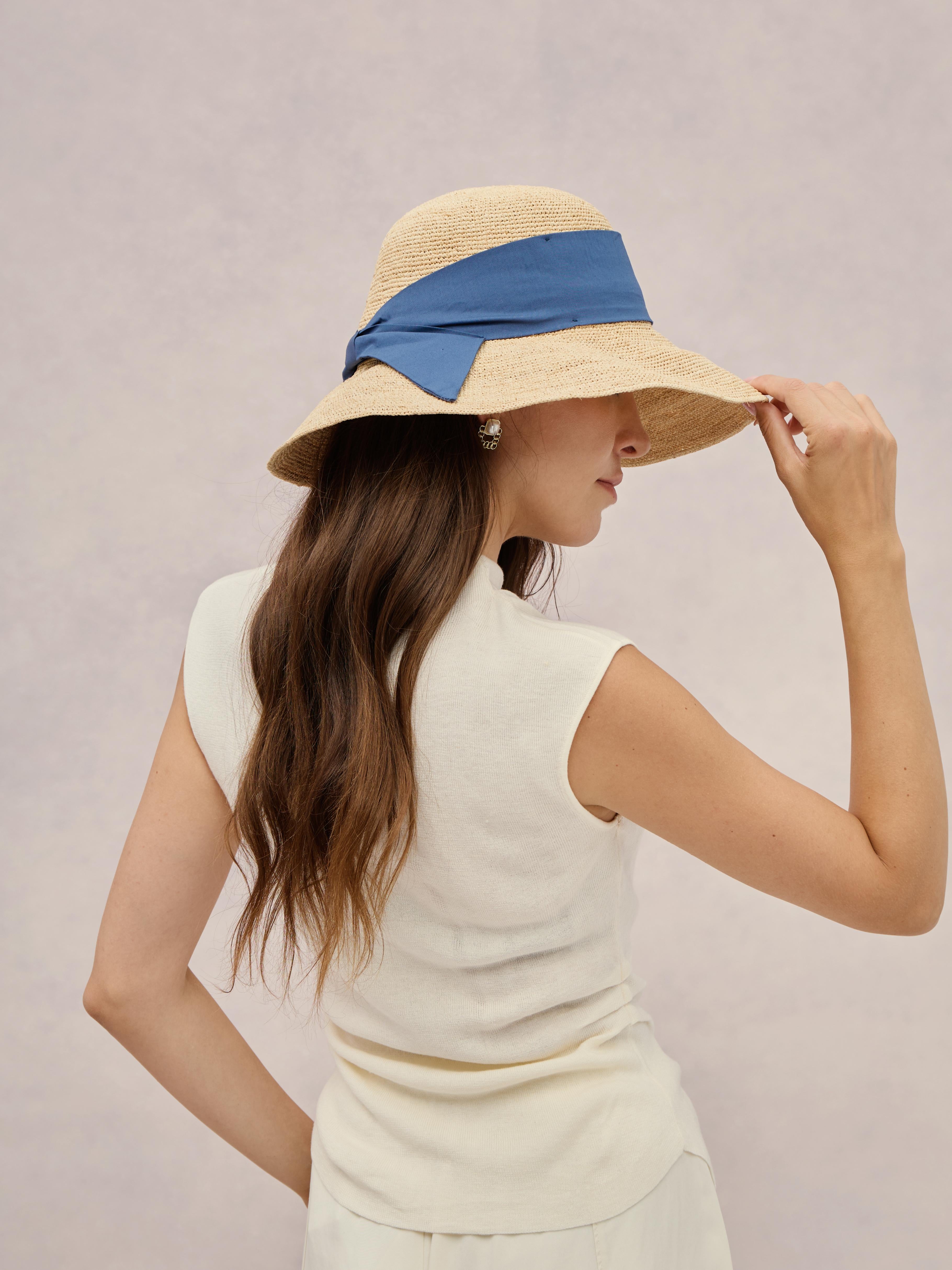 Maya blue raffia wide-brim hat — bow detail, packable | Club Hapuna