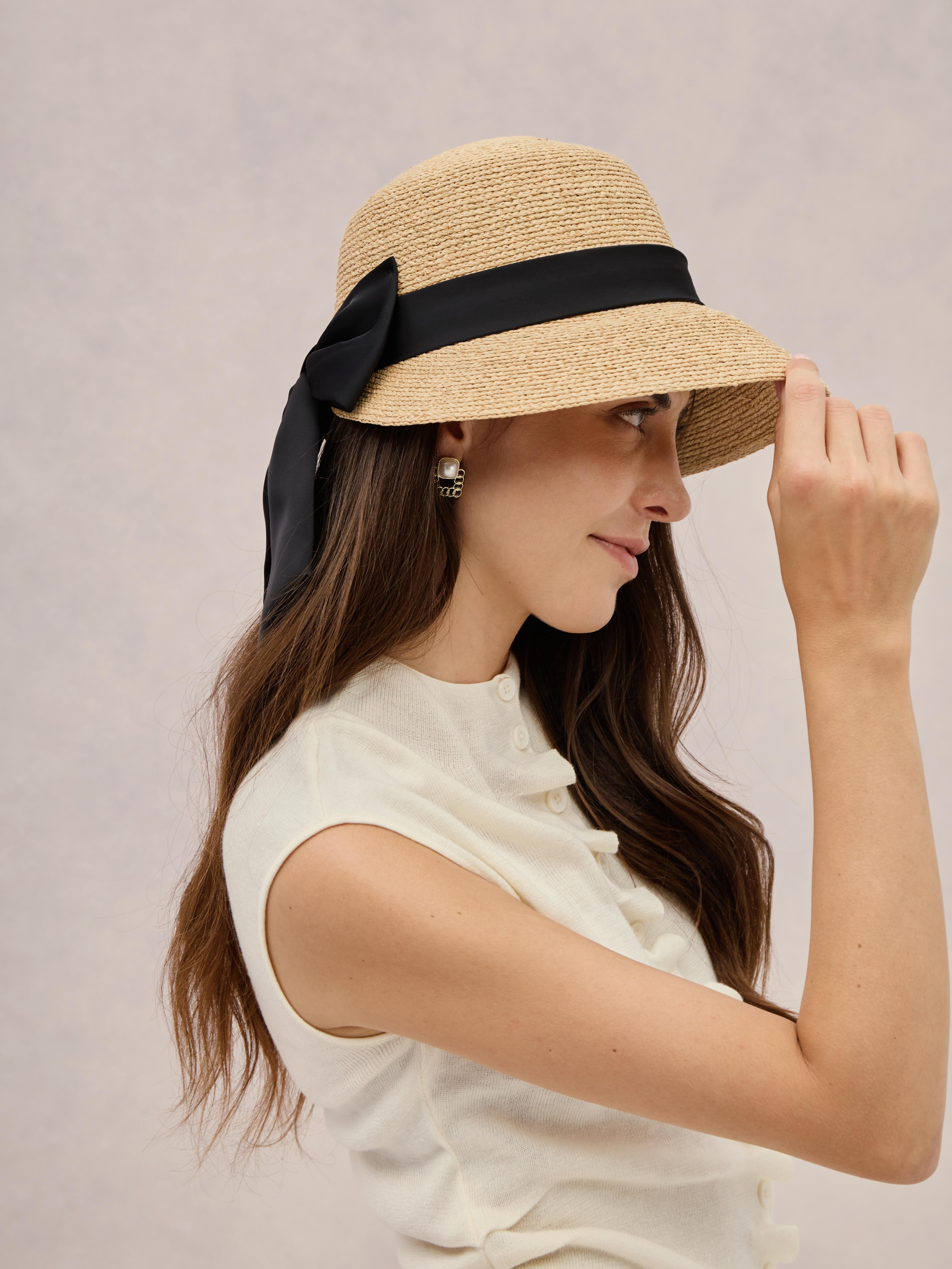 Tahiti black raffia hat — side tie detail, packable | Club Hapuna