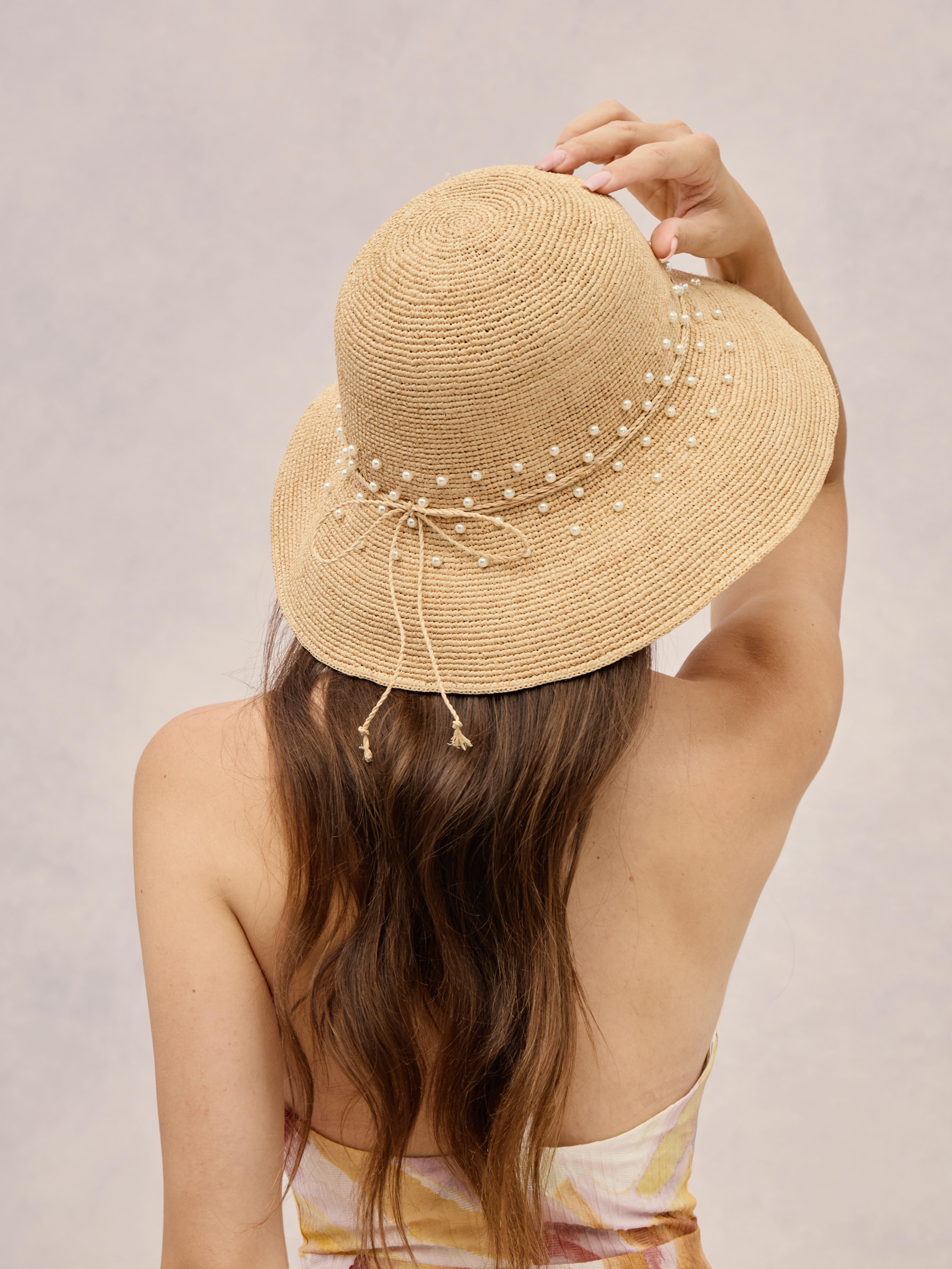 Handcrafted Madagascar raffia sun hat with pearl trim — Corsica | Club Hapuna