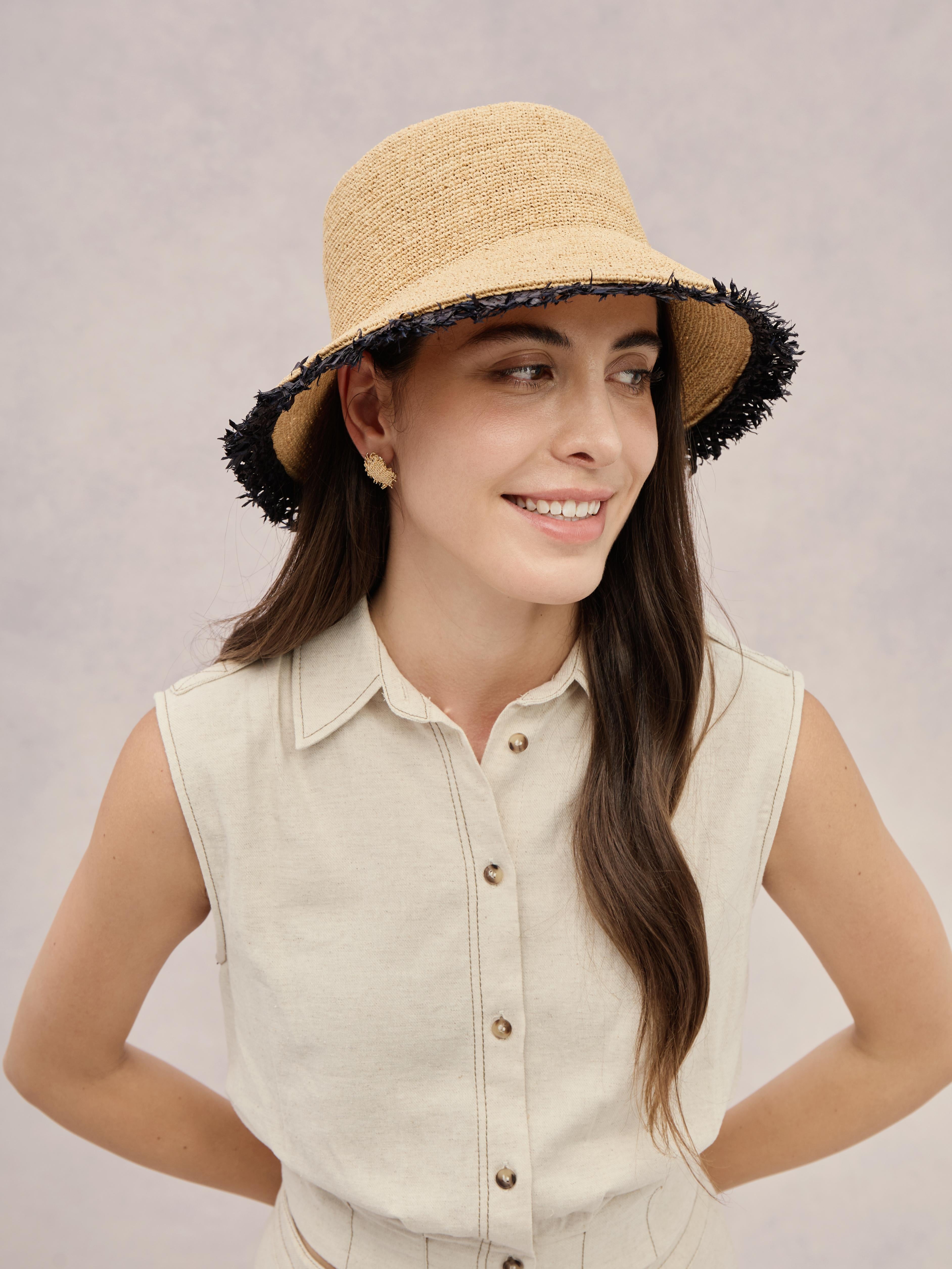 Club Hapuna Lanikai — black Madagascar raffia bucket hat frayed edge
