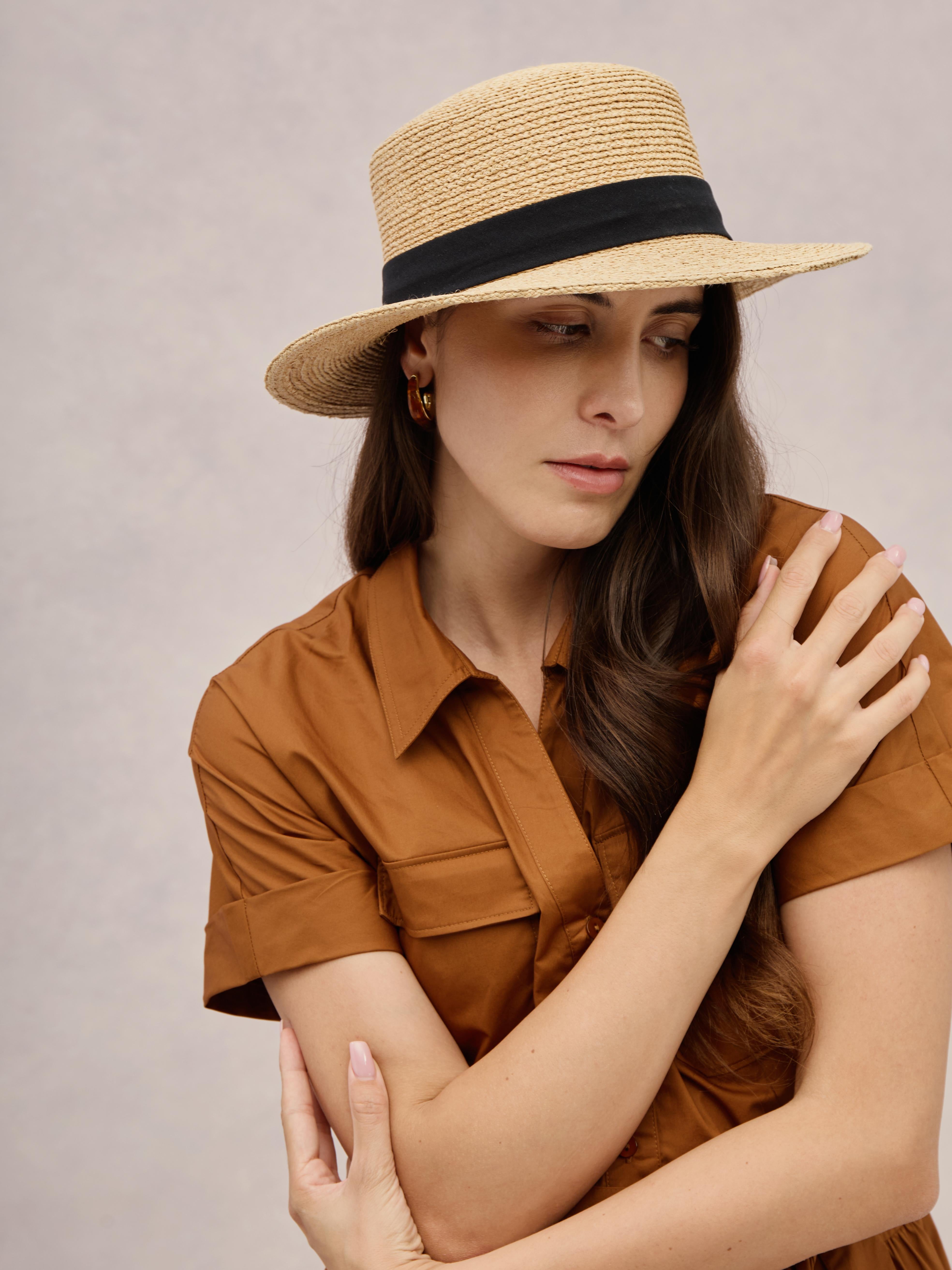Hvar black raffia boater hat — Riviera style | Club Hapuna