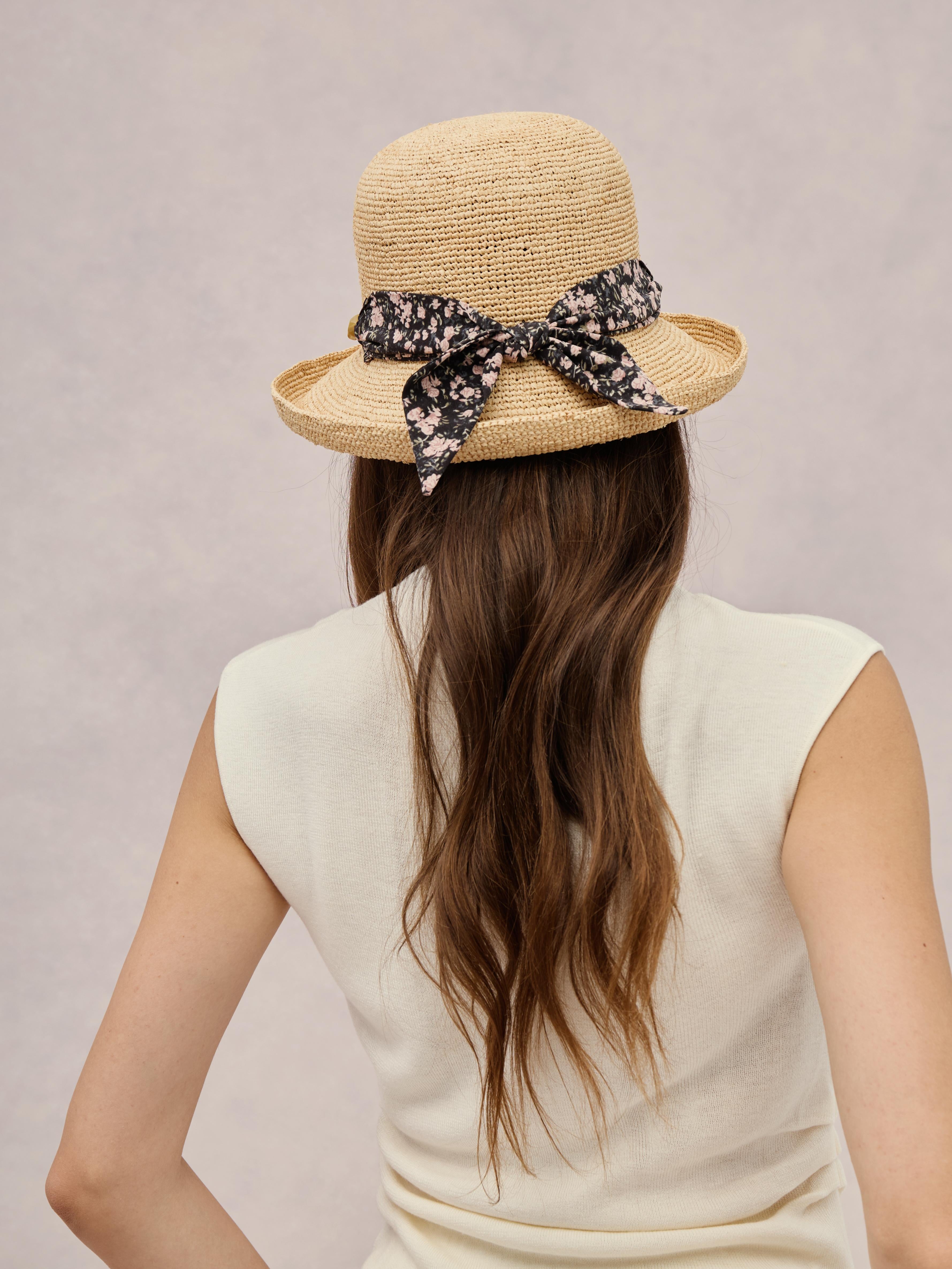 Amalfi black raffia wide-brim hat — scarf band, packable | Club Hapuna