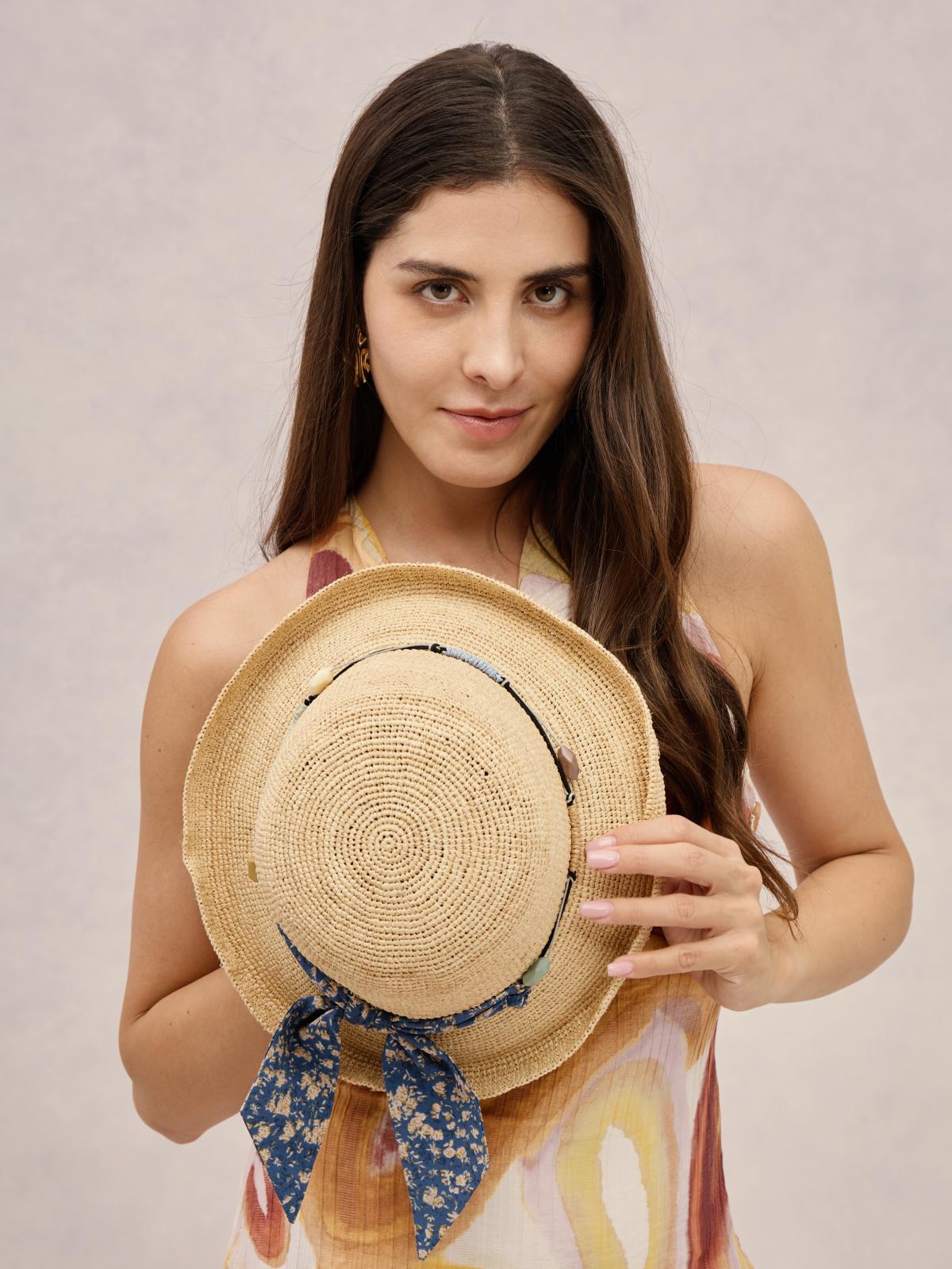 Amalfi blue raffia wide-brim hat — scarf band, packable | Club Hapuna
