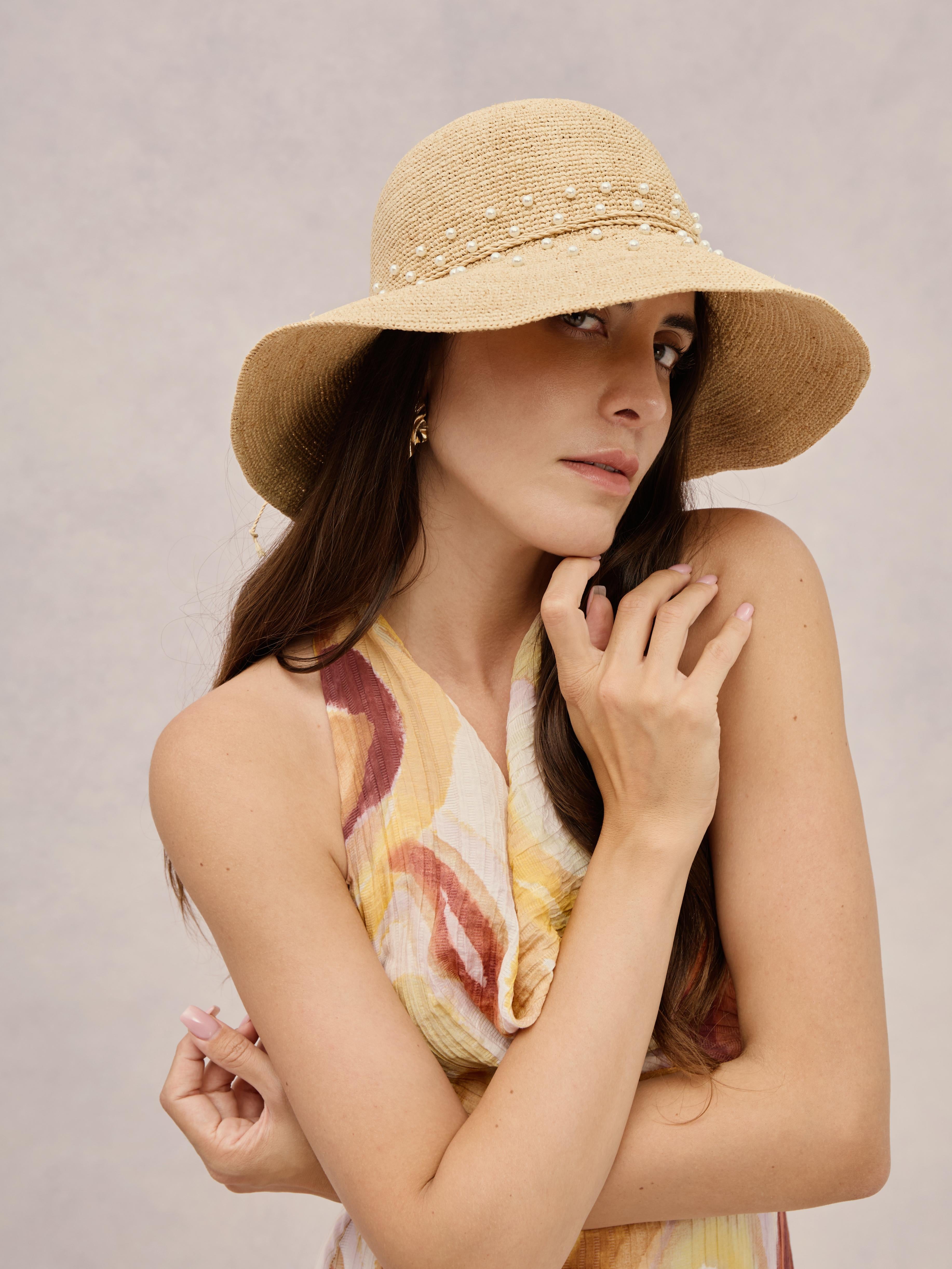 Club Hapuna Corsica — Madagascar raffia wide-brim hat with pearls